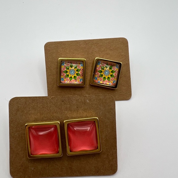 Classic Flirty Stud Earrings - Gold Boho Chic Square & Round Stud Earrings - Picture 10 of 15